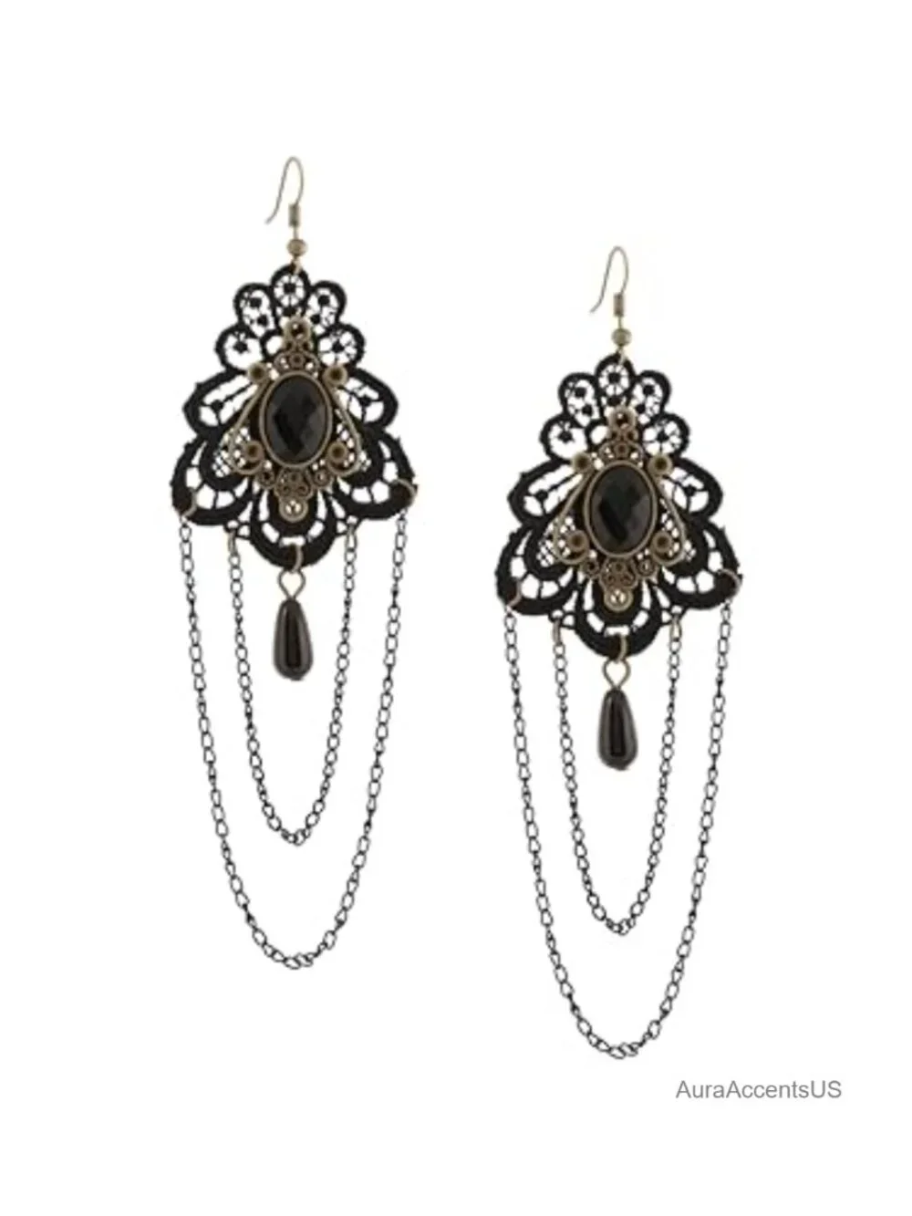 Gothic Victorian Black Floral Lace Teardrop Statement Earrings Drop Dangle